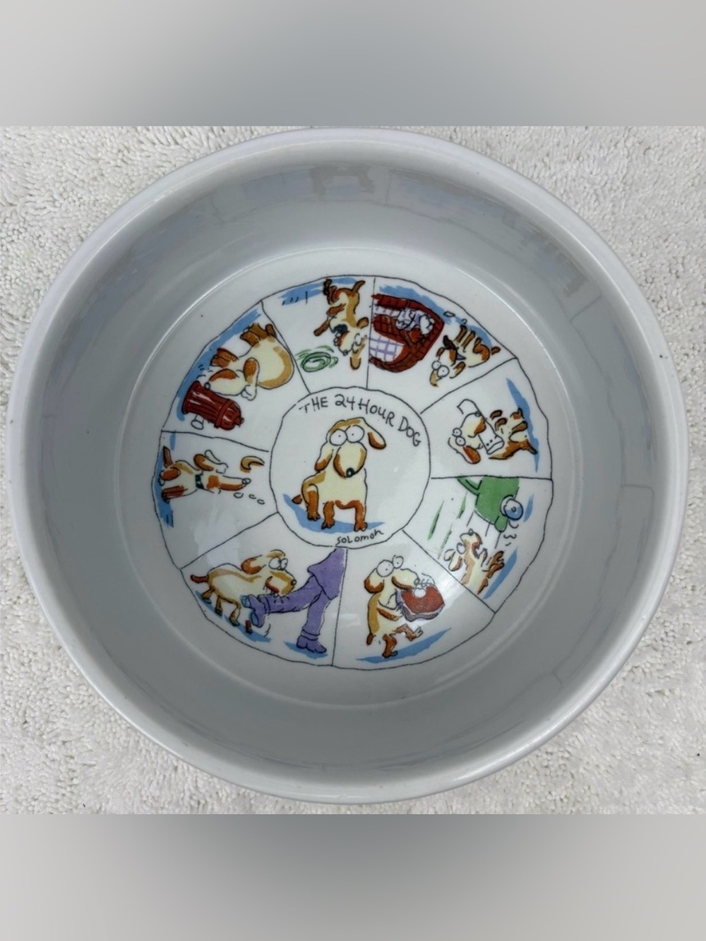 Vintage “The 24 Hour Dog” Stoneware Pet Bowl Featuring Hand-Painted Dog Cartoons